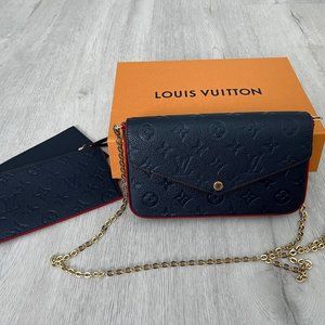Louis Vuitton leather FÉLICIE POCHETTE in navy and red trim with box